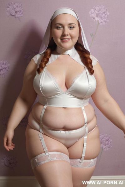 Half body photo shot close up. a ((british obese fat bbw redhead)), ((thick with love handless)). ((wearing a violet bright sexy and hot ((nun)) garter belt bride lingerie of flowers, and a silk micro-skirt)). she is smiling, anklet heart - ai-porn.ai - Britain on pornintellect.com