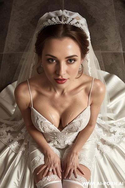 Dream fantasy totally naked white bride, white thigh high stockings, wedding veil, flower crown, kneeling down, blowjob, covered in cum - ai-porn.ai on pornintellect.com