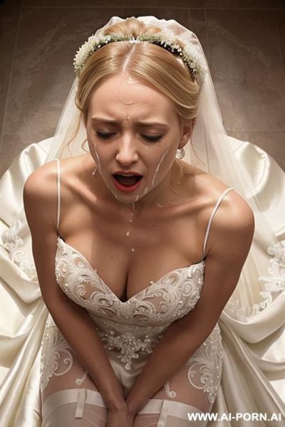 Dream fantasy totally naked white bride, blonde, white thigh high stockings, wedding veil, flower crown, kneeling down, blowjob, covered in cum - ai-porn.ai on pornintellect.com