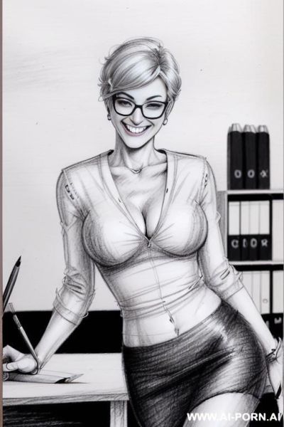 ((((image comic-drawing pencil style)))) ((((medium body shot)))) ((((in the office)))) ((((smiling silly face)))) pretty italian woman full lips, muscle fit , black short skirt , white long-sleeved - ai-porn.ai - Italy on pornintellect.com