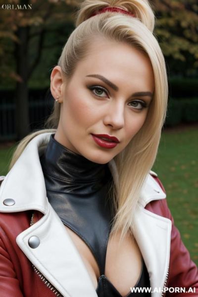 Porno magazine cover: passionate ballerina with medium boobs. beautiful, pretty, perfect beautiful boobs, slight smile, makeup, sitting, spreading legs, front facing, red leather dress under red leather coat - ai-porn.ai on pornintellect.com