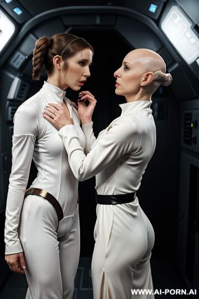 Backview of two bald androgynous women, two perfect androgynous, man chest, masculine chest, with sci-fi fantasy caps, they are jumping and fight each other, backview - ai-porn.ai on pornintellect.com