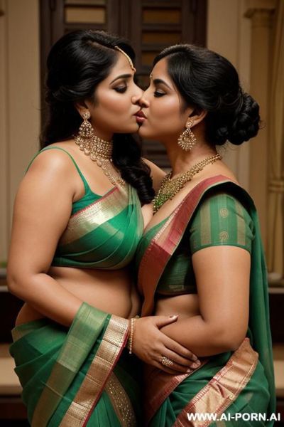 One ancient indian chubby queen in a elegante green saree is kissing her favourite chubby full naked female servant with shaved vagina - ai-porn.ai - India on pornintellect.com