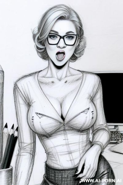 ((((image comic-drawing pencil style)))) ((((medium body shot)))) ((((in the office)))) ((((open mouth face silly)))) pretty italian woman full lips, muscle fit , black short skirt , white long-sleeved - ai-porn.ai - Italy on pornintellect.com