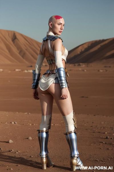 Hyperrealism painting: full-length of slender bald japanese woman, age twenty, ((a cup teardrop boobs)), on the desert field, bald head, she wear transparent plastic long robe too and yellow satin - ai-porn.ai - Japan on pornintellect.com