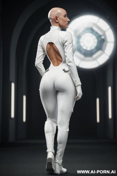 Bald androgynous slight woman, perfect androgynous, man chest, round ass milf in a long sci-fi elegant dress, atompunk, she is runing away - ai-porn.ai on pornintellect.com