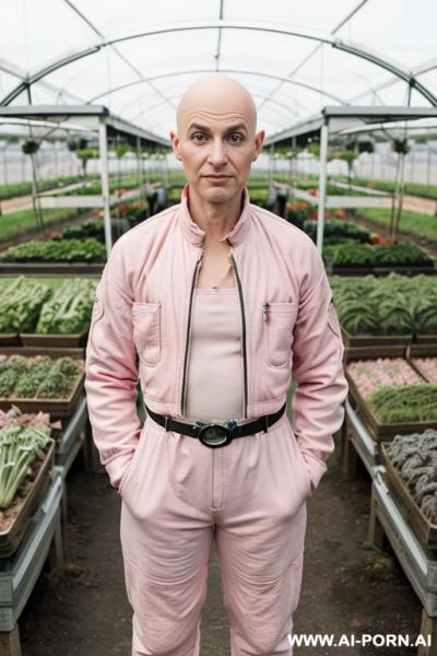 Sci-fi farmer bald woman, bald androgynous slight woman, perfect androgynous, man chest, swanneck, on tsci-fi farm - ai-porn.ai on pornintellect.com