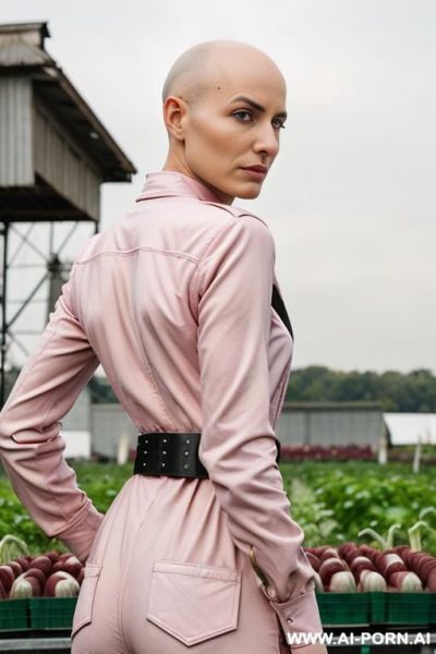 Backview of the sci-fi farmer bald woman, bald androgynous slight woman, perfect androgynous, man chest, swanneck, on tsci-fi farm - ai-porn.ai on pornintellect.com