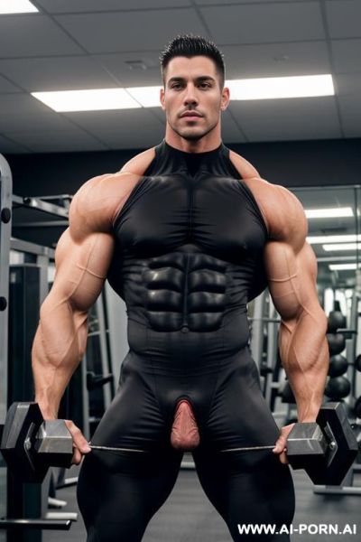 A hyper-muscular gay man dressed in a spandex bodysuit enters the gym. he has well-defined muscles in his chest, abs, buttocks, arms, and legs. a very large erect penis protrudes from under the bodysuit. - ai-porn.ai on pornintellect.com
