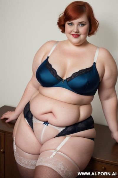 White woman, rotund body, huge, supermodel, pear shaped, lovehandless, obese, tummy, short hair, huge legs, massive hips, high rise (garter belt stockings), eye contact, huge arms - ai-porn.ai on pornintellect.com
