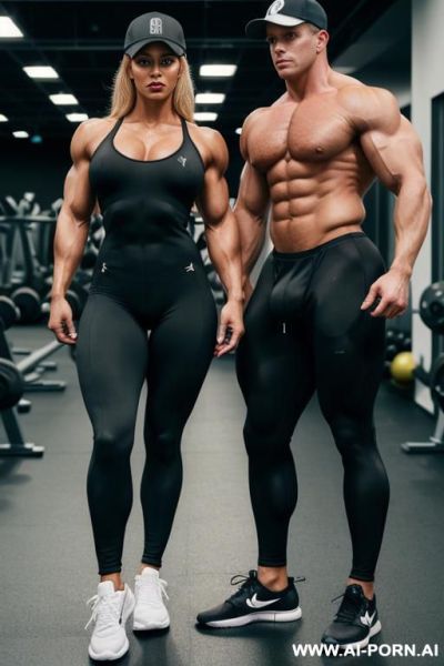 A hyper-muscular gay man dressed in a spandex bodysuit enters the gym. he has well-defined muscles in his chest, abs, buttocks, arms, and legs. he wears a baseball cap on his head. he has sneakers on his feet. he has a piercing in his nipples - ai-porn.ai on pornintellect.com