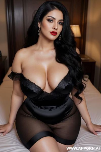 Long black fluffy wavy waterfall braid, persian, narrow eyes, pointy nose, high cheekbones, ((heavy perky breasts)), deep cleavage, seductive sexy grin, dimples, fit voluptuous hourglass figure, big - ai-porn.ai - Iran on pornintellect.com