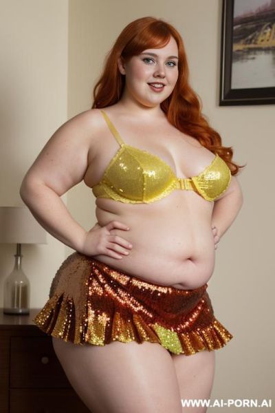 Half body photo shot close up. a ((british obese fat bbw redhead)), ((thick with love handless)). ((wearing a yellow sexy and hot garter belt lingerie, and a dark-red ruffle sequins silk micro-skirt)). she is smiling - ai-porn.ai - Britain on pornintellect.com