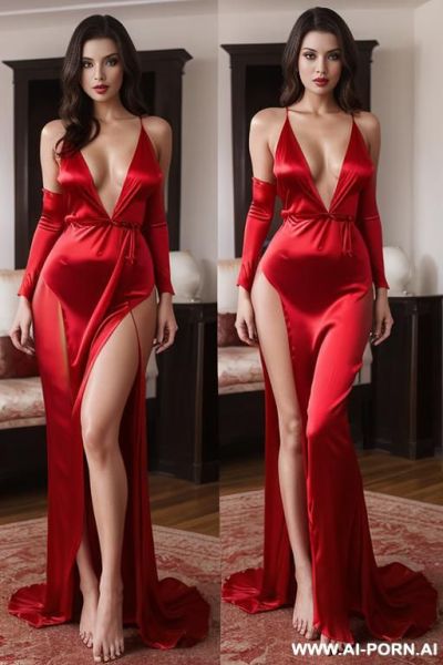 Bright red full length form fitting silk nightgown, nightgown wrapped around whole body, plunging neckline, wide hips - ai-porn.ai on pornintellect.com
