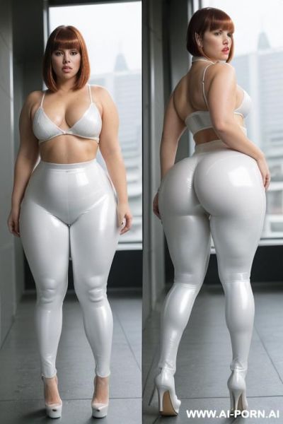 Office slut , office slut leggins, narrow waist, ((wide hips)), big ass, (((round ass)), (((thick thighs))), ((muscular legs)), ((high platforms heels)), full body view, fully clothed ,((extremely white pallid skin)), ((ghastly white shiny skin)) - ai-porn.ai on pornintellect.com