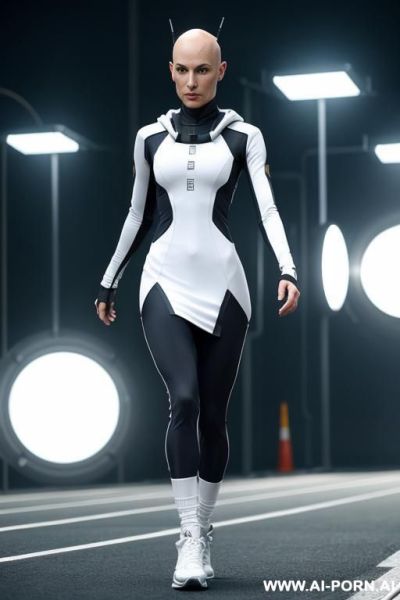 Bald androgynous slight woman, perfect androgynous, man chest, round ass milf in a long sci-fi elegant dress, atompunk, he wears a sci-fi fantasy cap on her head and sci-fi fantasy sneakers on her feet , she is runing away - ai-porn.ai on pornintellect.com