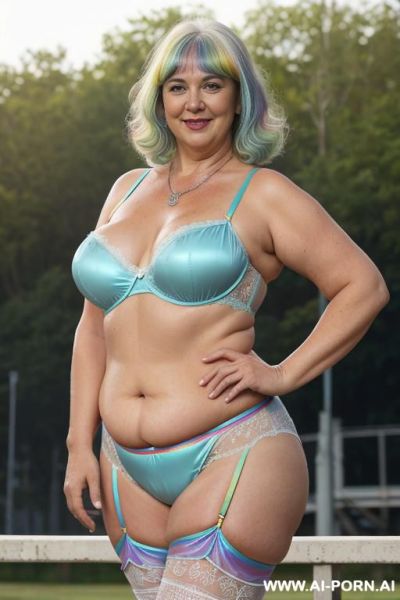 Old big ass curvy old old sexy mature gilf, tan skin horny old sexy bbw mom, short shorts.clog wet from the rain and see through. old woman wearing a big green girdle panties for a biground b - ai-porn.ai on pornintellect.com