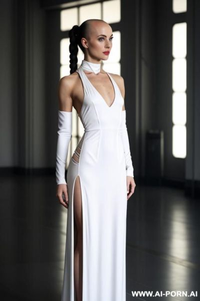 Bald androgynous woman, perfect androgynous, man chest, round ass milf in a long sci-fi elegant dress, atompunk - ai-porn.ai on pornintellect.com