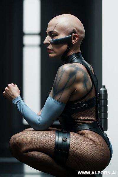 Side view of the bald androgynous slight stunted woman, perfect androgynous, man chest, light blue sci-fi silk wear, round ass, sci-fi bald slight criminal, cyberpunk, weared sci-devices, white background, side view - ai-porn.ai on pornintellect.com