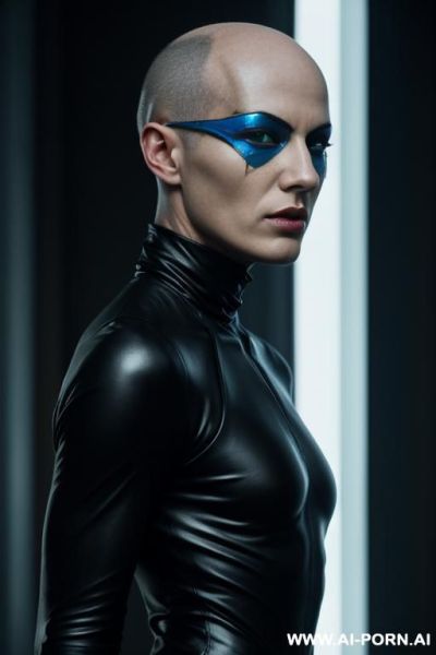 Bald androgynous slight stunted woman, perfect androgynous, man chest, red sci-fi silk wear, round ass, cyberpunk, weared sci-devices - ai-porn.ai on pornintellect.com
