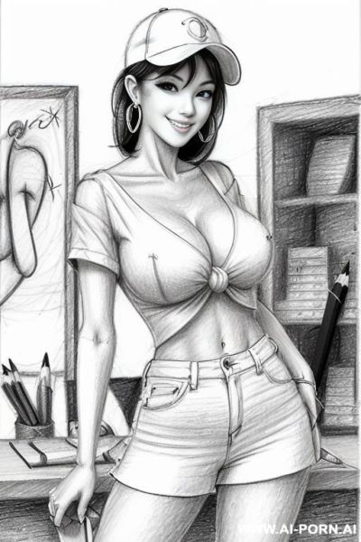 ((((cartoon)))) ((((image drawing pencil style))) (((mediun body shot))), (at the sunset) (oíl skin body) , (hoop earrings), long, thick, brunette pixie haircut, (sexy slut), (smiling) (((most beautiful - ai-porn.ai - Japan on pornintellect.com