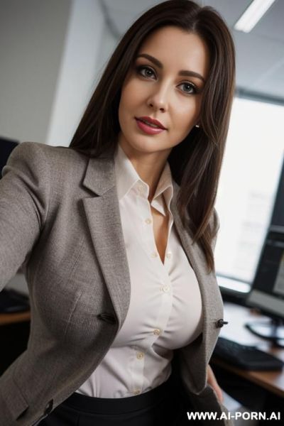 ((big natural tits)), office shirt, skirt, tights, formal coat, straight brunette hair, ((extreme closeup shot)) - ai-porn.ai on pornintellect.com