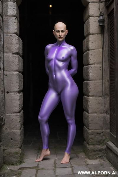 Bald androgynous slight stunted sci-fi woman in the light purple cloack, perfect androgynous, man chest, round ass, barefooted - ai-porn.ai on pornintellect.com