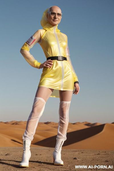 Hyperrealism painting: full-length of slender bald androgynous japanese woman, niqab, robe lace red and black, age twenty, ((a cup teardrop boobs)), on the desert field, bald head, she wear - ai-porn.ai - Japan on pornintellect.com