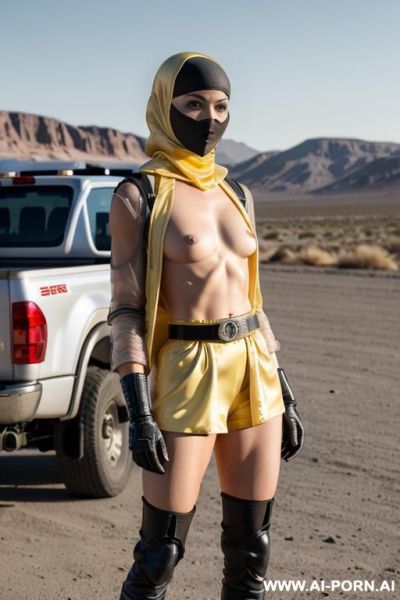 Hyperrealism painting: full-length of slender bald androgynous japanese woman, tne bald androgynous slight stunted woman in niqab, man chest, round ass, niqab, stunted legs, robe lace red and black, - ai-porn.ai - Japan on pornintellect.com