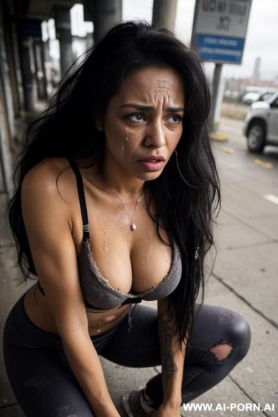 A homeless woman with a disheveled appearance and dirty clothes, an attractive body, and a sad gaze. wearing torn, dirty leggings and only a torn bra - ai-porn.ai on pornintellect.com