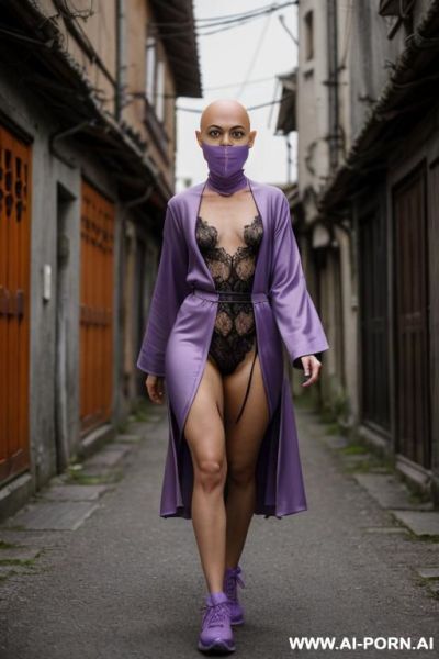 Bald androgynous slight stunted sci-fi woman in the light purple cloack, perfect androgynous, man chest, round ass, barefooted, niqab, robe lace, sci-fi sneakers on the foots, cyberpunk - ai-porn.ai on pornintellect.com