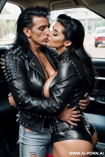 ((((colombian gilf hugging and kissing a very handsome muscular twenty year old punk man on the lips)))) (((((((gigantic tits))))))) and (((long hair))), (((makeup))) , (((tight spiked studded black - ai-porn.ai - Colombia on pornintellect.com
