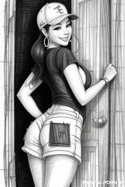 ((((cartoon)))) ((((image drawing pencil style))) (((mediun body shot))), (oíl skin body) , (hoop earrings), long, thick, brunette pixie haircut, (sexy slut), (((most beautiful japanese woman ever - ai-porn.ai - Japan on pornintellect.com