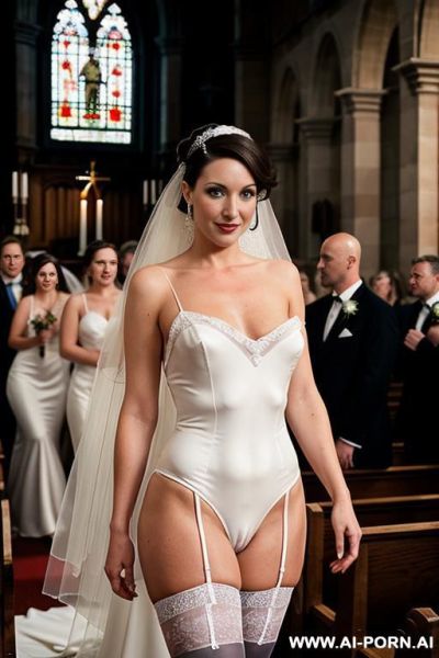 A man in a black suit and a fully naked chubby bride female with shaved vagina in the crowded church, the wedding with complete naked bride - ai-porn.ai on pornintellect.com