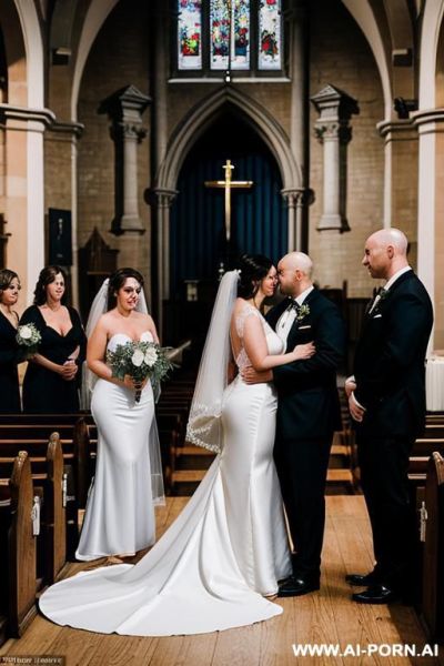 A man in a black suit and a fully naked chubby bride female with shaved vagina in the crowded church, the wedding with naked bride - ai-porn.ai on pornintellect.com