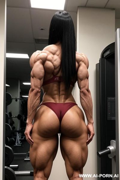 A full body shot from behind of a very muscular ripped veiny japanese woman in her twenties flexing really hard, making her muscles and veins bulge massively, she has extremely low body fat. - ai-porn.ai - Japan on pornintellect.com