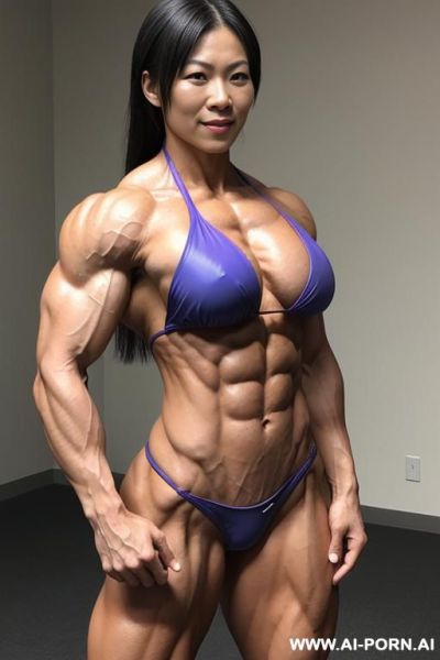 A full body shot of a very muscular ripped veiny japanese woman in her twenties flexing really hard, making her muscles and veins bulge massively, she has extremely low body fat. her abs - ai-porn.ai - Japan on pornintellect.com