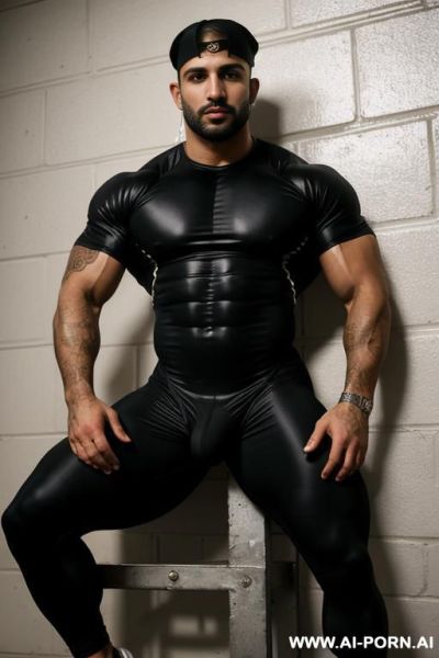 A hyper-muscular gay man wearing a tight spandex bodysuit enters the gym. he has a baseball cap with the visor facing backds and piercings in his ears. he also has piercings in his nipples. - ai-porn.ai on pornintellect.com