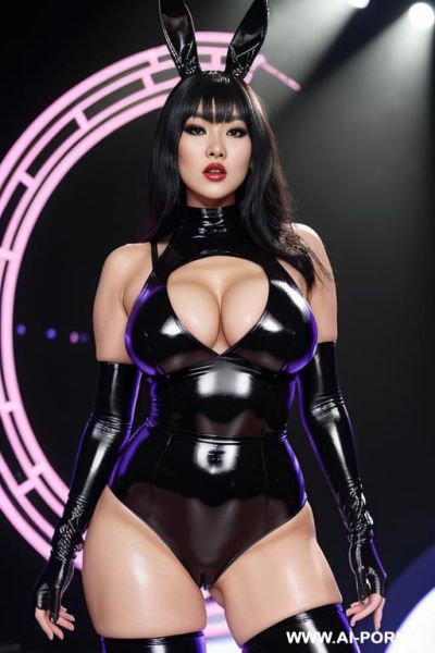 An athletic asian woman with black hair, spiral eyes, and huge boobs standing at attion on a stage wearing a black latex play bunny suit she has no expression, is surrounded by spirals and is facing the viewer full body - ai-porn.ai on pornintellect.com