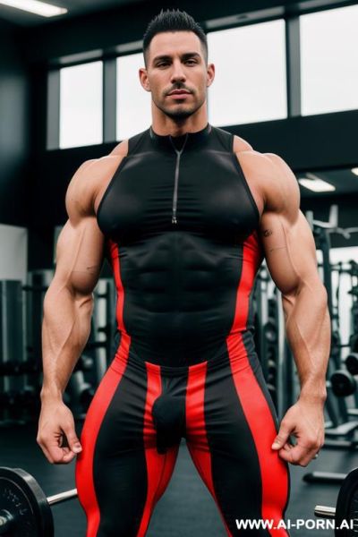 A hyper-muscular gay man wearing a spandex bodysuit enters the gym. he has well-defined muscles on his chest, abs, buttocks, arms, and legs, and his penist. he has piercings in his nipples. he is wearing sneakers. - ai-porn.ai on pornintellect.com