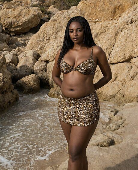 Ebony solo girl removes her swimwear to pose nude on boulder stoned beach - pornpics.com on pornintellect.com