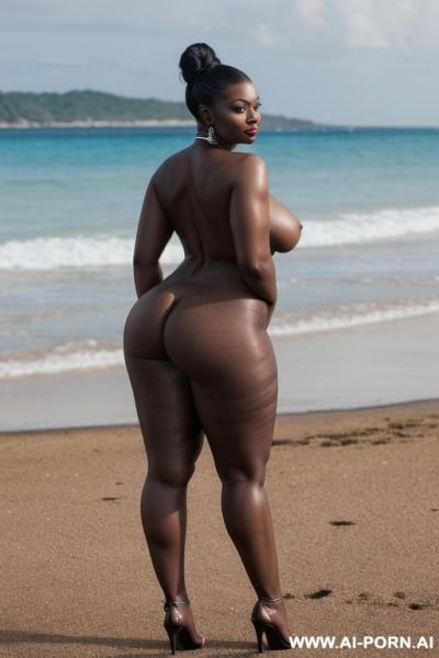 Classy ebony wife, (((totally naked))), (((standing in front with husband))), on a beach full of people, curvy, body, gray hair, bottomheavy, big, ass, huge, gigantic, thick, thighs, sucking penis - ai-porn.ai on pornintellect.com