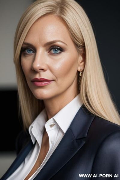 ((busty lady)), office shirt, skirt, tights, formal coat, straight hair, blue eyes, extreme closeup view - ai-porn.ai on pornintellect.com