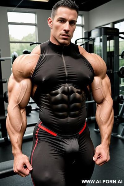 A hyper-muscular gay man wearing a spandex bodysuit enters the gym. he has well-defined muscles on his chest, abs, buttocks, arms, and legs, and his penist. he has piercings in his nipples. he is wearing sneakers. - ai-porn.ai on pornintellect.com