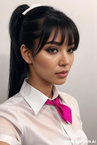1woman, thai high , thai ripped uniform, portrait selfie, neutral expression, subtle eyeliner, pink blush, the hairstyle is high long black ponytail, large white hair bow, see-through bangs, - ai-porn.ai - Thailand on pornintellect.com