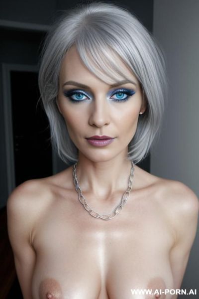 , caucasian, blue eyes, make up, silver hair, naked, hip chain - ai-porn.ai on pornintellect.com