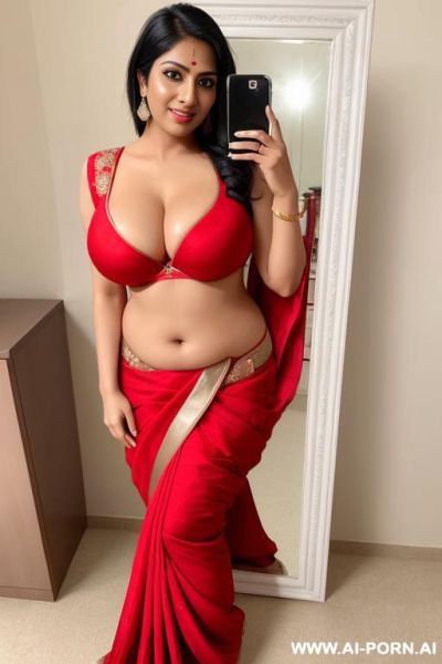 Sexy hot woman, fair skinned, hourglass body, big rounder boobs, deep cleavage blouse, open waist sari, stomach bulge, heels, sexy long legs, red lipstick, beautiful face, full body front facing - ai-porn.ai on pornintellect.com