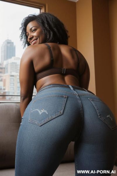 Ebony latina, regular fit blue jeans, belt, brown riding flats boots, ((view form the ground)), ((extra low angle)), lean twerking, spread butt, spreading legs ((full body view)), from behind, ((extra zoom on ass)), ((roof livingroom)) - ai-porn.ai on pornintellect.com