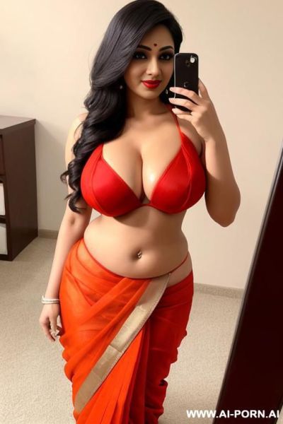 Sexy hot woman, fair skinned, hourglass body, big rounder boobs, deep cleavage blouse, open waist sari, stomach bulge, heels, sexy long legs, red lipstick, beautiful face, full body front facing - ai-porn.ai on pornintellect.com