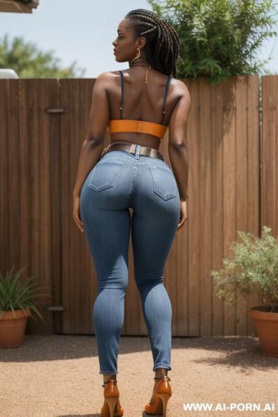 Ebony, straight blue jeans, belt, orange leather top, oxford shoes, ((view form the ground)), ((extra low angle)), lean twerking, spread butt, spreading legs ((full body view)), from behind, ((extra zoom on ass)), ((porn studio backyard)) - ai-porn.ai on pornintellect.com
